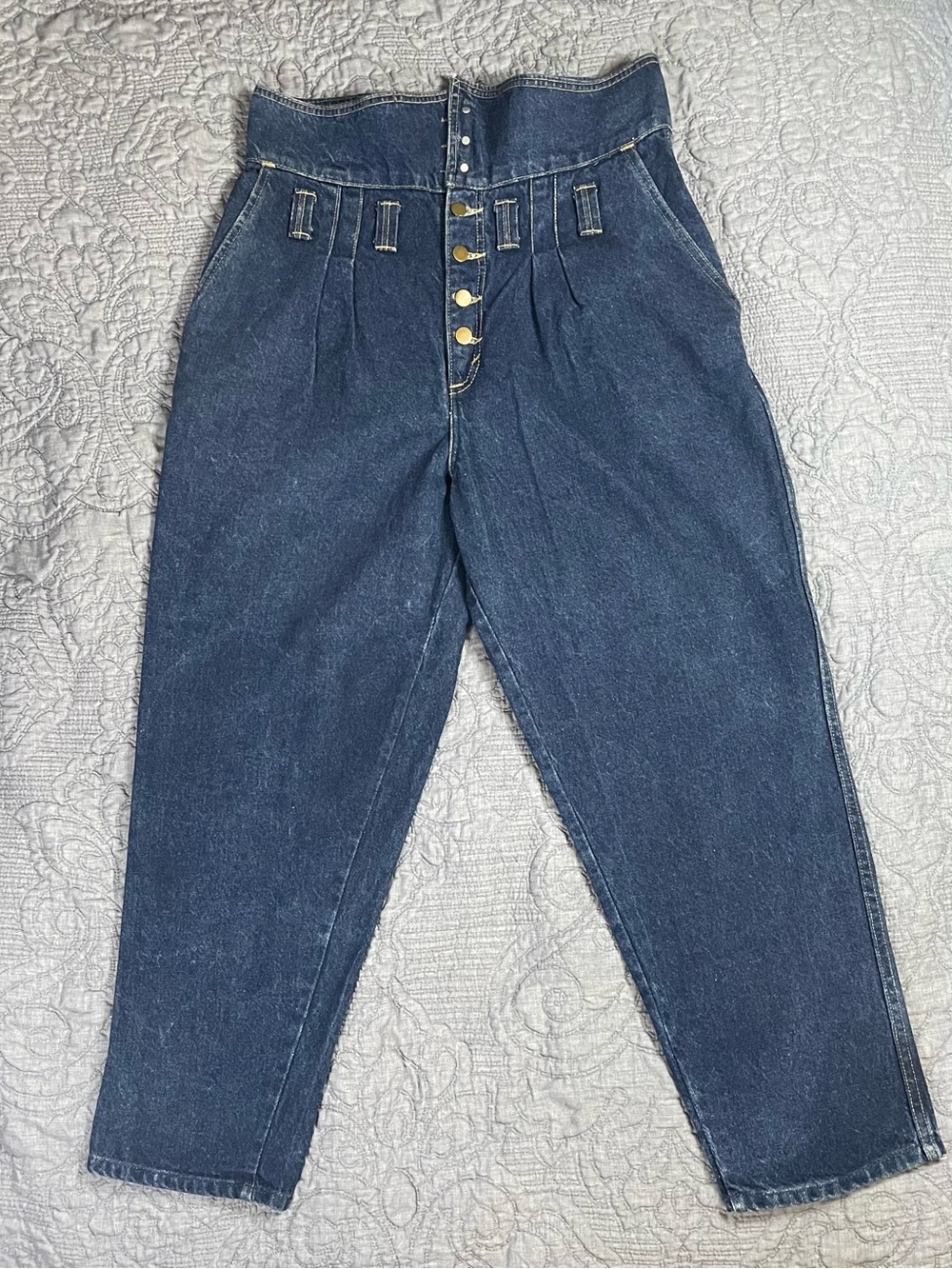 Vintage 80s Jeans Women Blue Dark Wash Fold Over High Waist Tapered Size: 16 - Picture 1 of 7